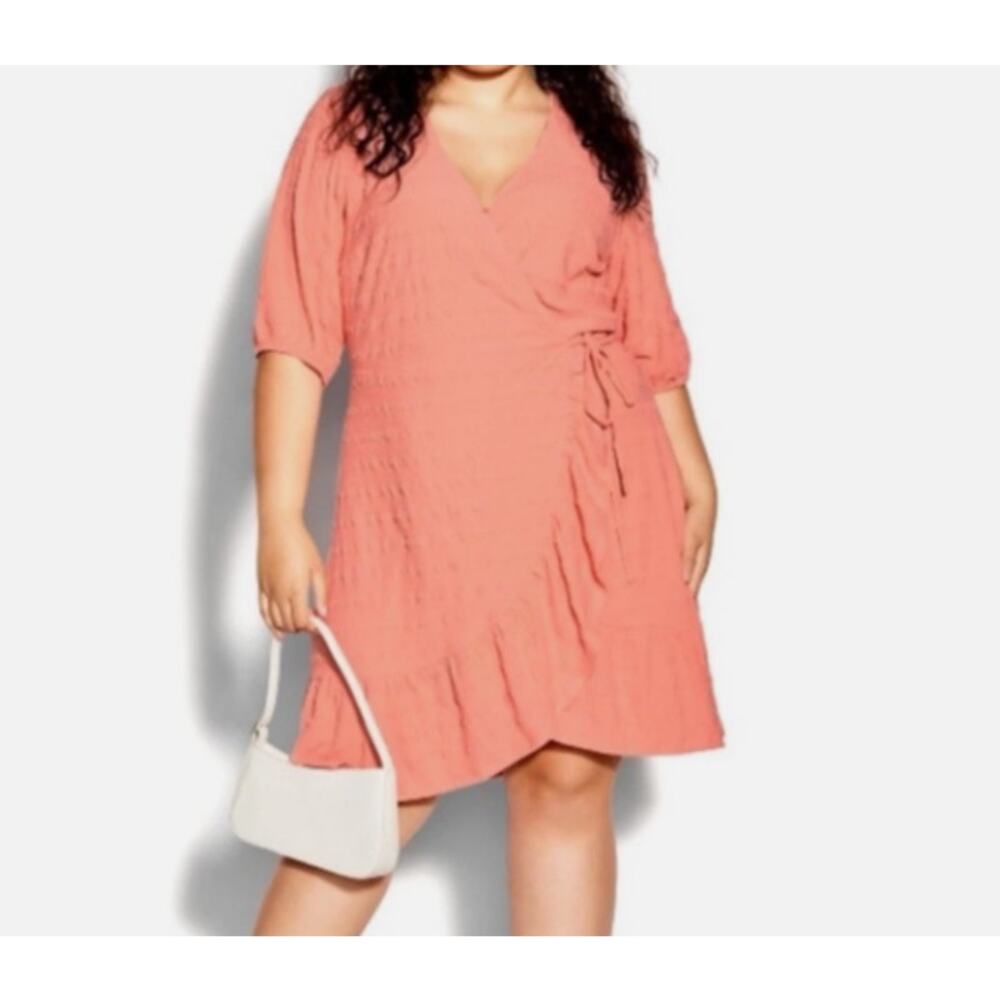 CITY CHIC Peach Sweet Romance Puff Sleeve Ruffle Wrap Mini Dress XL 22 NWT